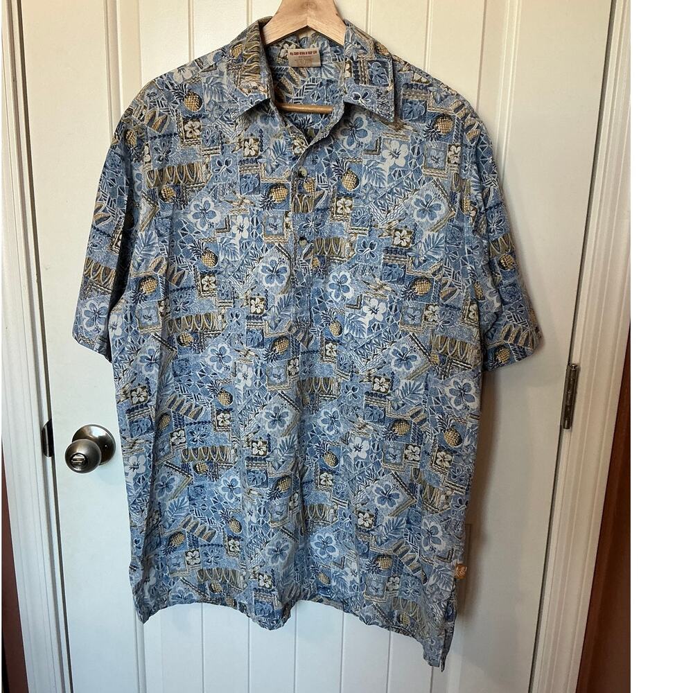 Go Barefoot Men's Hawaiian Shirt Large Blue/Dark Yellow